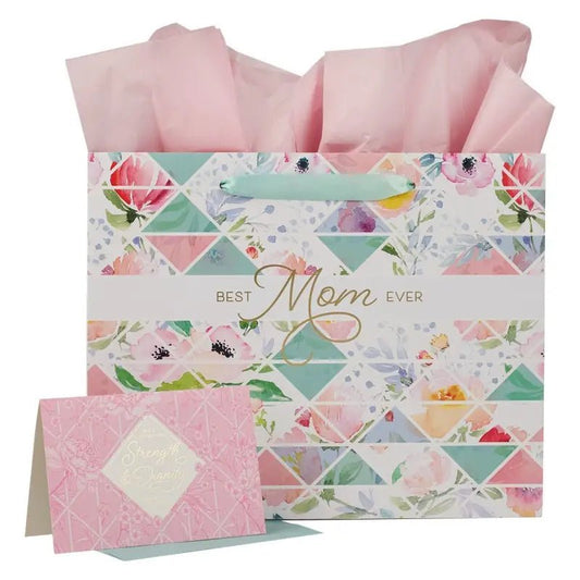 Best Mom Ever Pastel Diamond Large Landscape Gift Bag with Card - Proverbs 31:25 - Gift Bags