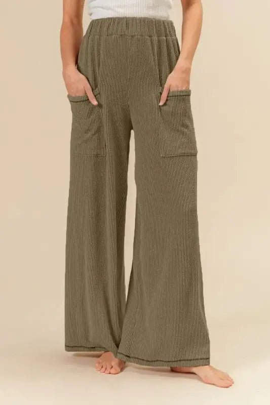 BiBi 2tone Cord Rib Waist Band Side Pocket Pants - OLIVE / S - Pajamas