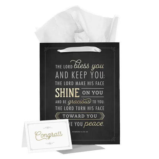 Bless You and Keep You Black and Gold Large Portrait Gift Bag with Card - Numbers 6:24-26 - Gift Bags