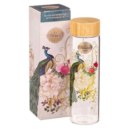 Blessed Blue Peacock Glass Water Bottle - Jeremiah 17:7 - Water Bottles