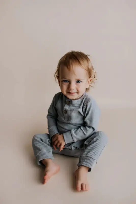 Blissful Blue Baby Ribbed Playsuit with pockets by Three Little Tots - Baby Boys’ Outfits