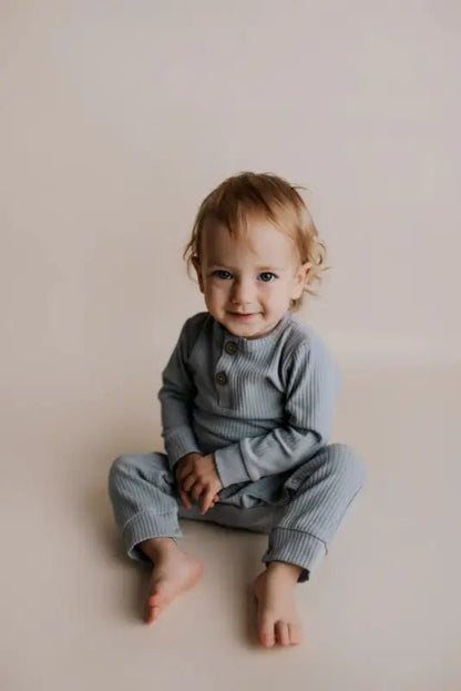 Blissful Blue Baby Ribbed Playsuit with pockets by Three Little Tots - Baby Boys’ Outfits