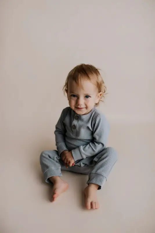 Blissful Blue Baby Ribbed Playsuit with pockets by Three Little Tots - Baby Boys’ Outfits