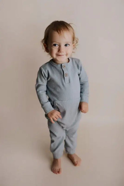 Blissful Blue Baby Ribbed Playsuit with pockets by Three Little Tots - Baby Boys’ Outfits