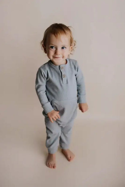 Blissful Blue Baby Ribbed Playsuit with pockets by Three Little Tots - Baby Boys’ Outfits