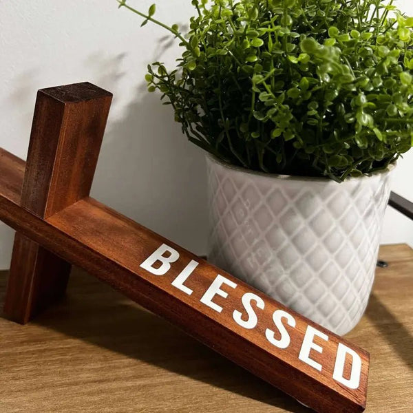 Block Blessed Wood Cross - Brown - Large / Brown - Wooden Crosses wooden cross blessed inscription
