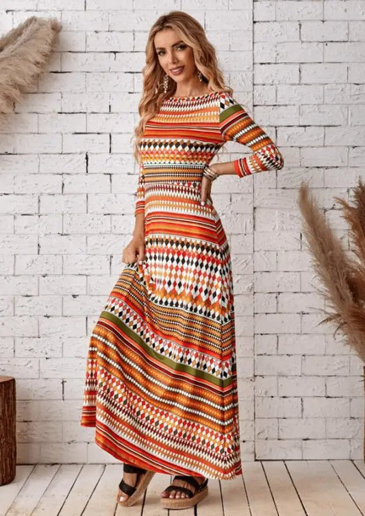 Boho Striped Stretch Maxi Dress - Dresses colorful patterned maxi dress
