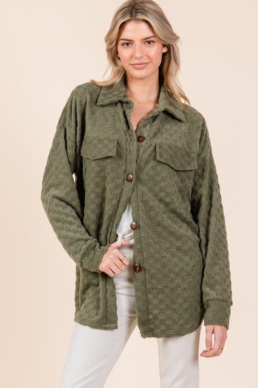 BOMBOM Checkered Button Down Dropped Shoulder Shacket | Tops | 4