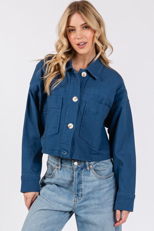 bytos Button Down Cropped Denim Jacket with Patch Pockets | Jackets | 1