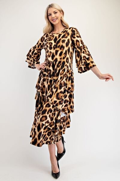 Celeste Full Size Leopard Asymmetrical Ruffle Midi Dress Plus Size | Dresses | 1