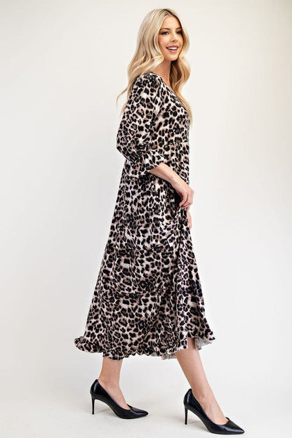 Celeste Full Size Leopard Round Neck Flounce Sleeve Dress | Dresses | 3