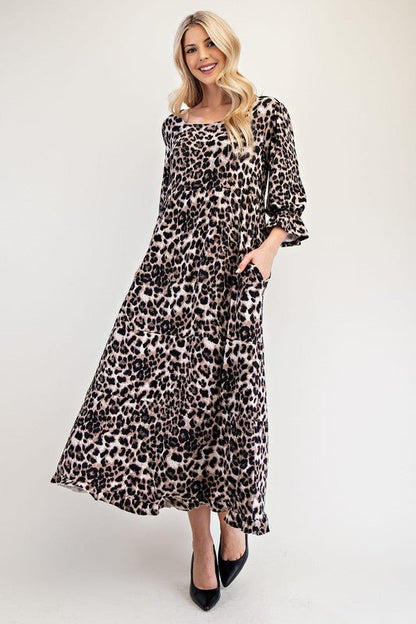 Celeste Full Size Leopard Round Neck Flounce Sleeve Dress | Dresses | 1