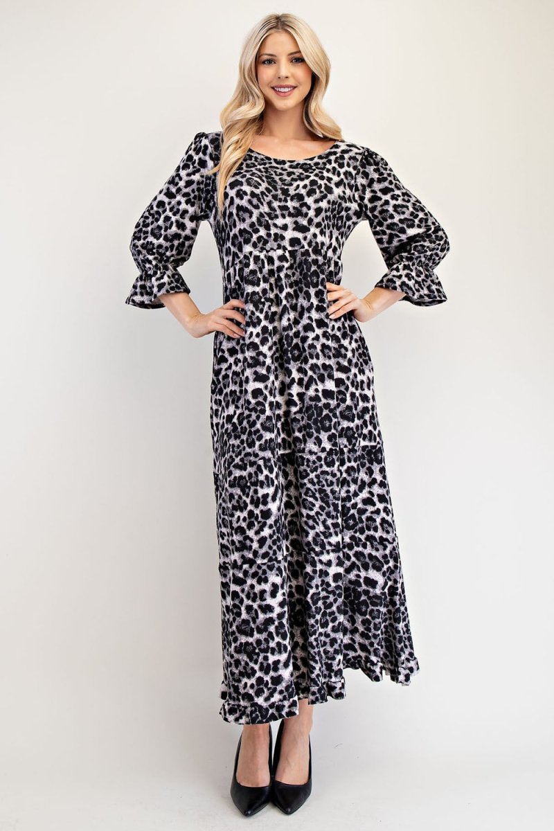 Celeste Full Size Leopard Round Neck Flounce Sleeve Dress | Dresses | 1