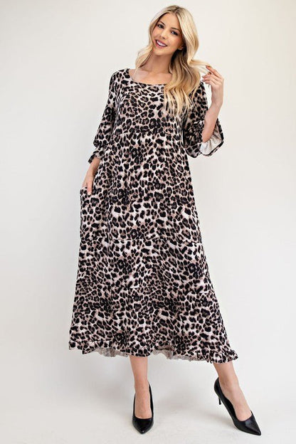 Celeste Full Size Leopard Round Neck Flounce Sleeve Dress | Dresses | 4