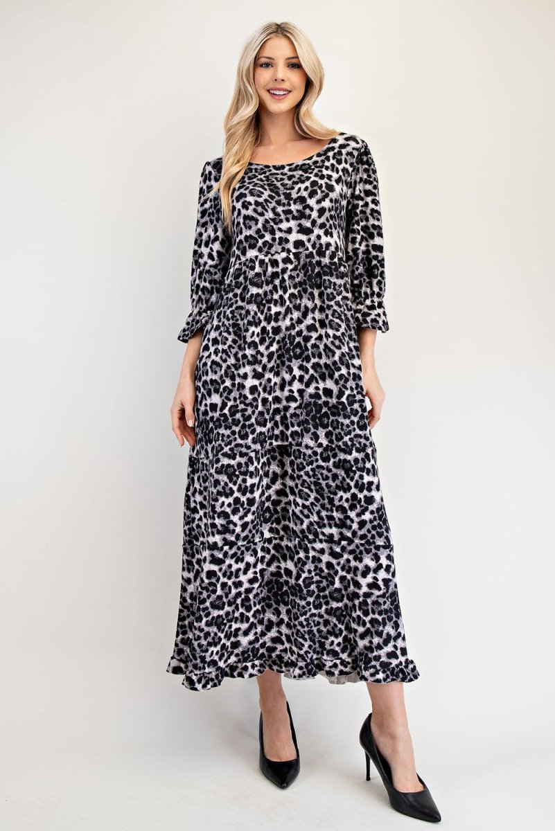 Celeste Full Size Leopard Round Neck Flounce Sleeve Dress | Dresses | 4