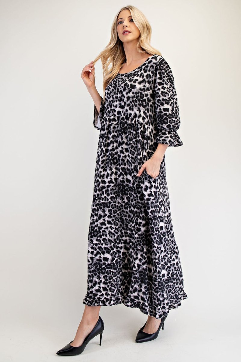 Celeste Full Size Leopard Round Neck Flounce Sleeve Dress | Dresses | 3