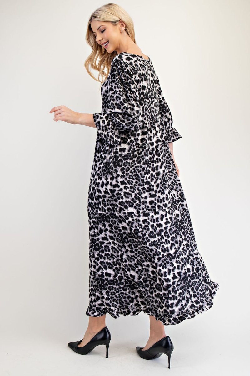 Celeste Full Size Leopard Round Neck Flounce Sleeve Dress | Dresses | 2