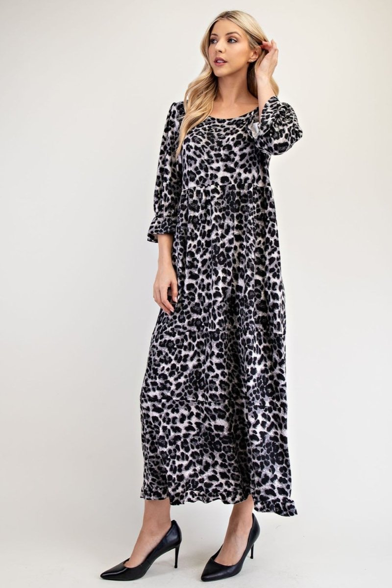 Celeste Full Size Leopard Round Neck Flounce Sleeve Dress | Dresses | 7