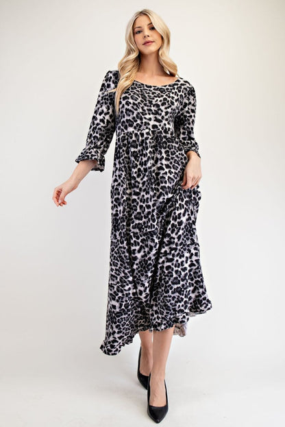 Celeste Full Size Leopard Round Neck Flounce Sleeve Dress | Dresses | 5