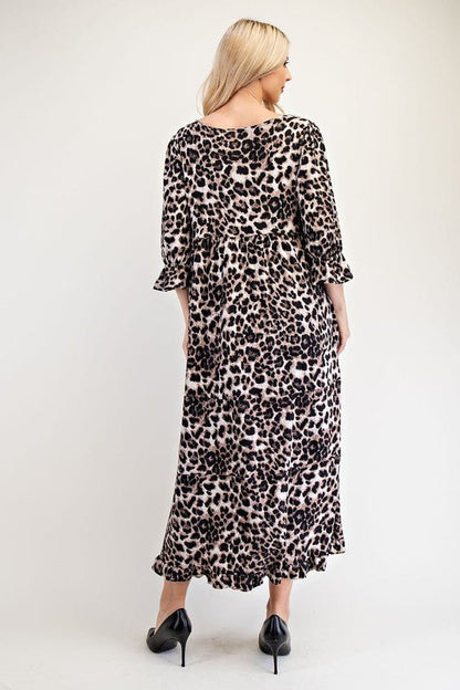 Celeste Full Size Leopard Round Neck Flounce Sleeve Dress | Dresses | 2