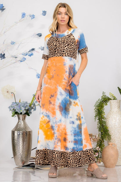 Celeste Full Size Leopard Tie - Dye Button Detail Short Sleeve Maxi Dress Plus Size | Dresses | 1