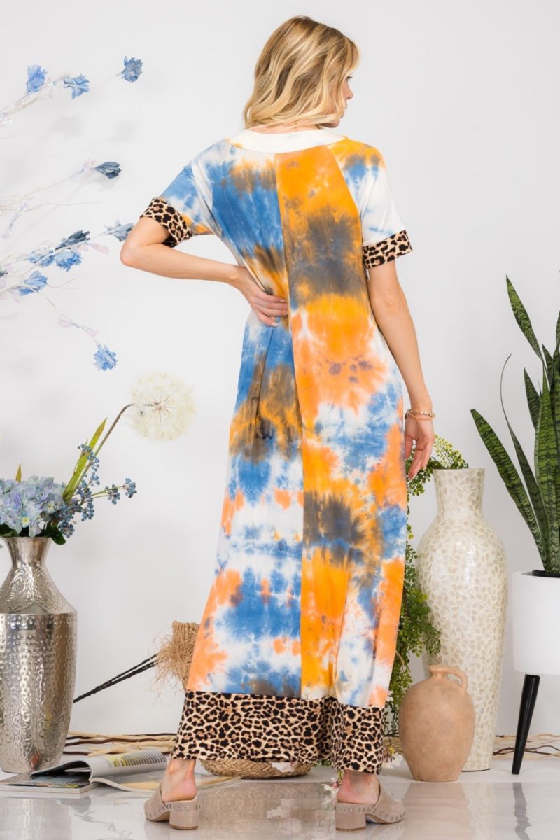 Celeste Full Size Leopard Tie - Dye Button Detail Short Sleeve Maxi Dress Plus Size | Dresses | 4