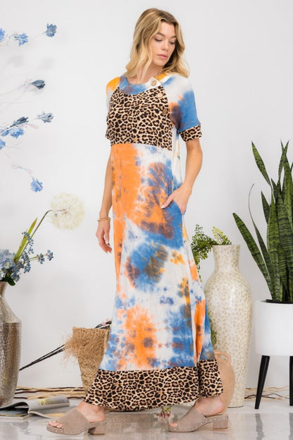 Celeste Full Size Leopard Tie - Dye Button Detail Short Sleeve Maxi Dress Plus Size | Dresses | 3