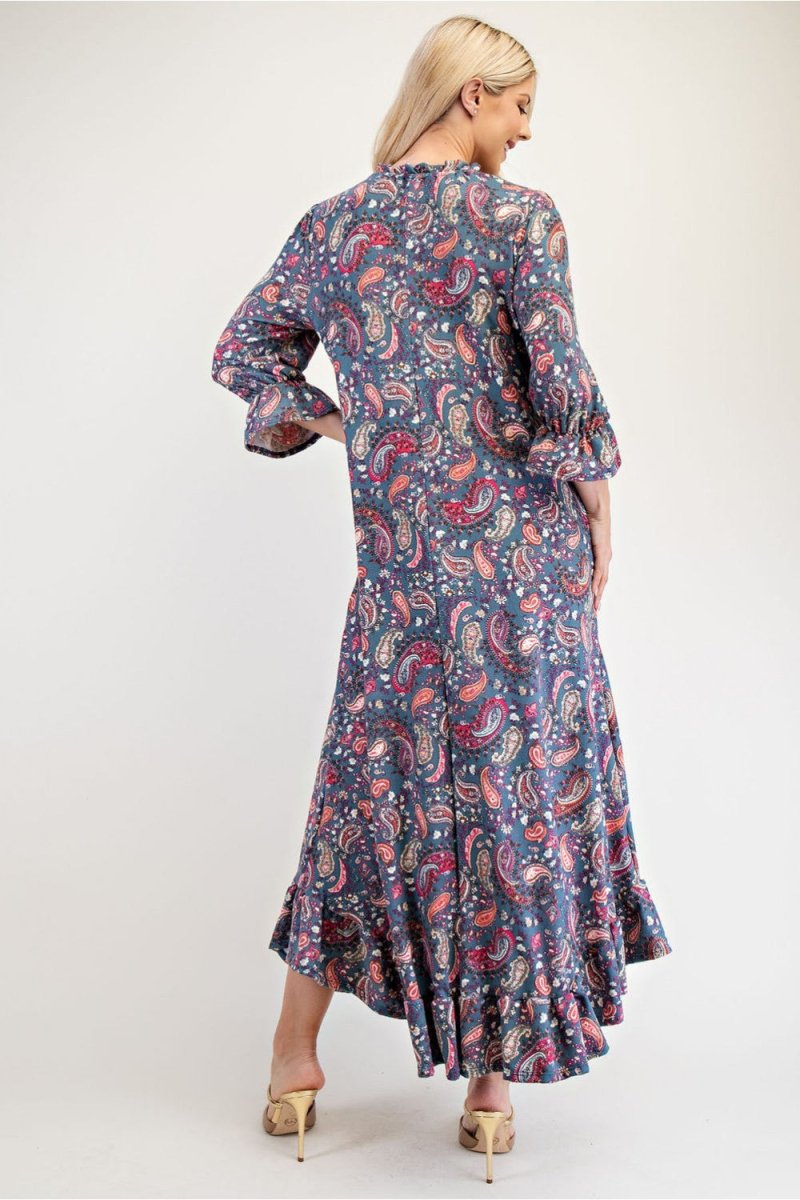 Celeste Full Size Ruffle Hem Paisley Round Neck Dress | Dresses | 2