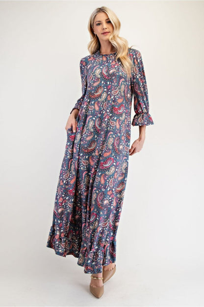 Celeste Full Size Ruffle Hem Paisley Round Neck Dress | Dresses | 4