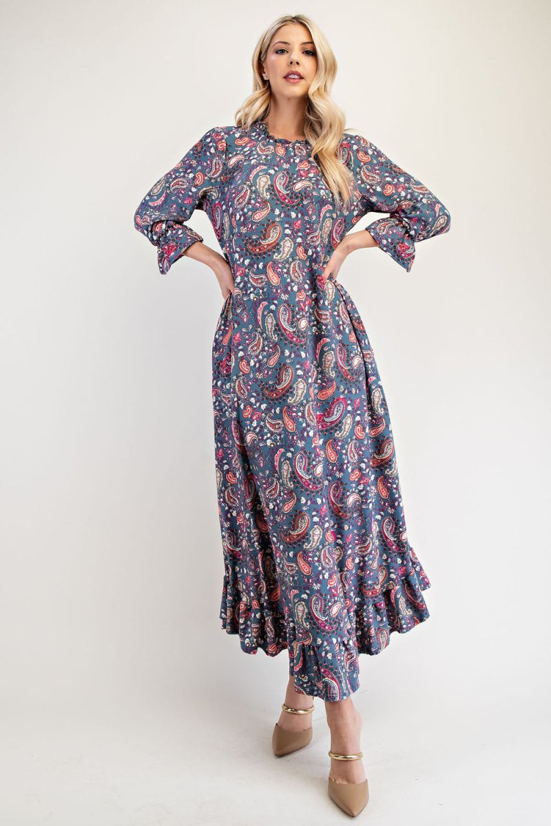 Celeste Full Size Ruffle Hem Paisley Round Neck Dress | Dresses | 1