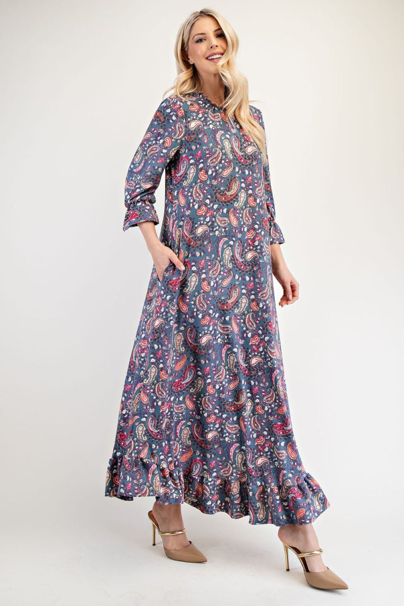 Celeste Full Size Ruffle Hem Paisley Round Neck Dress | Dresses | 3