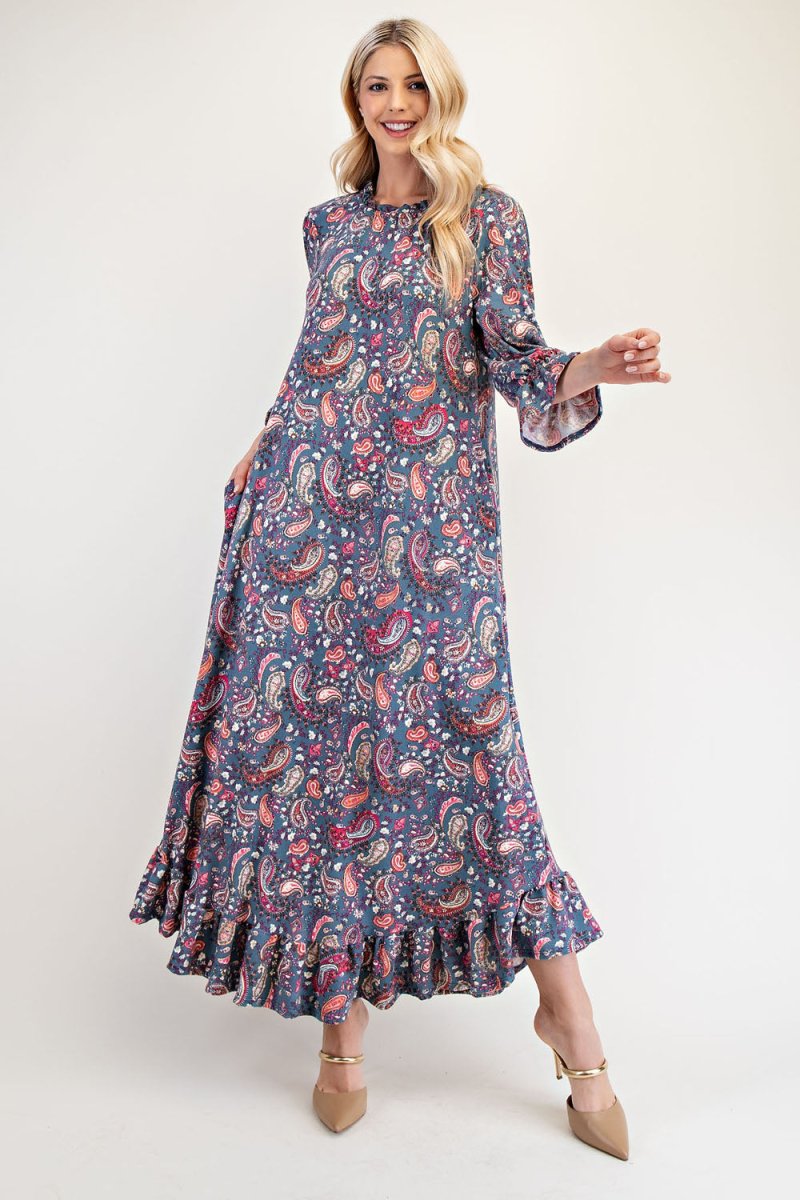 Celeste Full Size Ruffle Hem Paisley Round Neck Dress | Dresses | 6