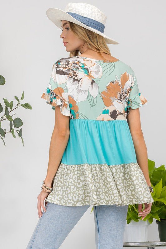 Celeste Printed Color Block Ruffled Short Sleeve Top | Women's Tops | 3