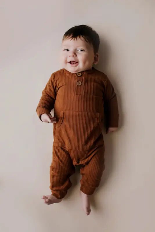 Clay Baby Ribbed Playsuit with pockets by Three Little Tots - Unisex Onesies