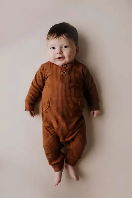 Clay Baby Ribbed Playsuit with pockets by Three Little Tots - Unisex Onesies