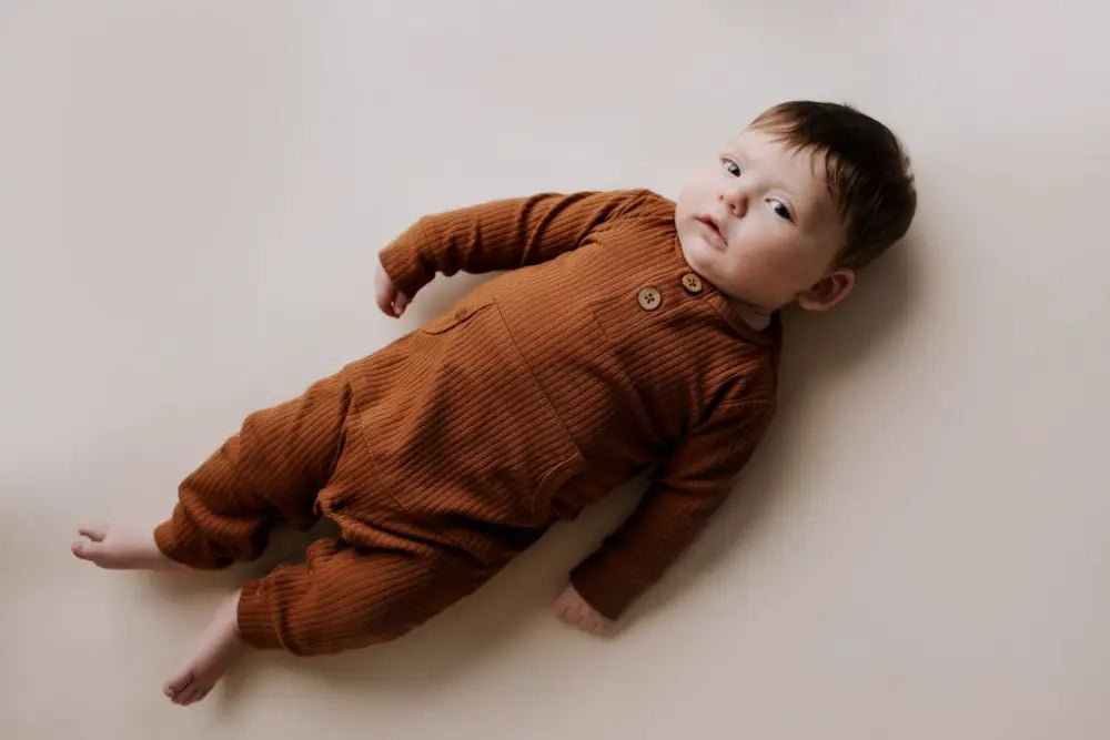 Clay Baby Ribbed Playsuit with pockets by Three Little Tots - Unisex Onesies