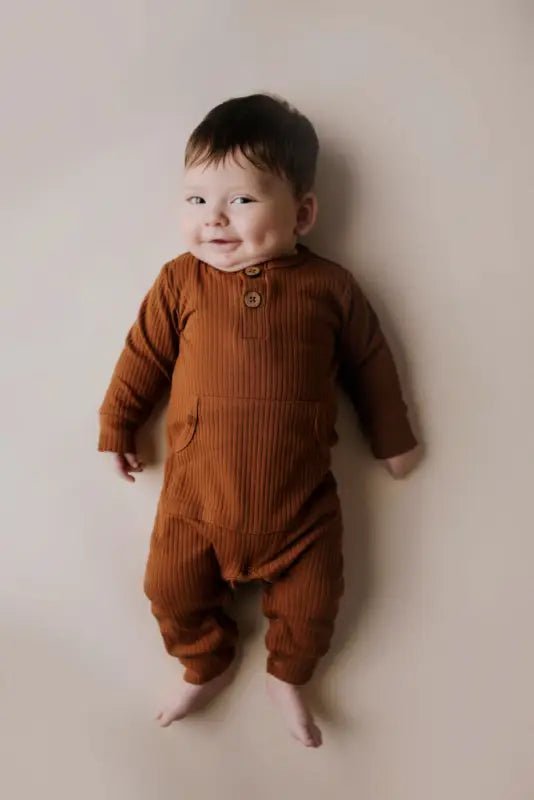 Clay Baby Ribbed Playsuit with pockets by Three Little Tots - Unisex Onesies
