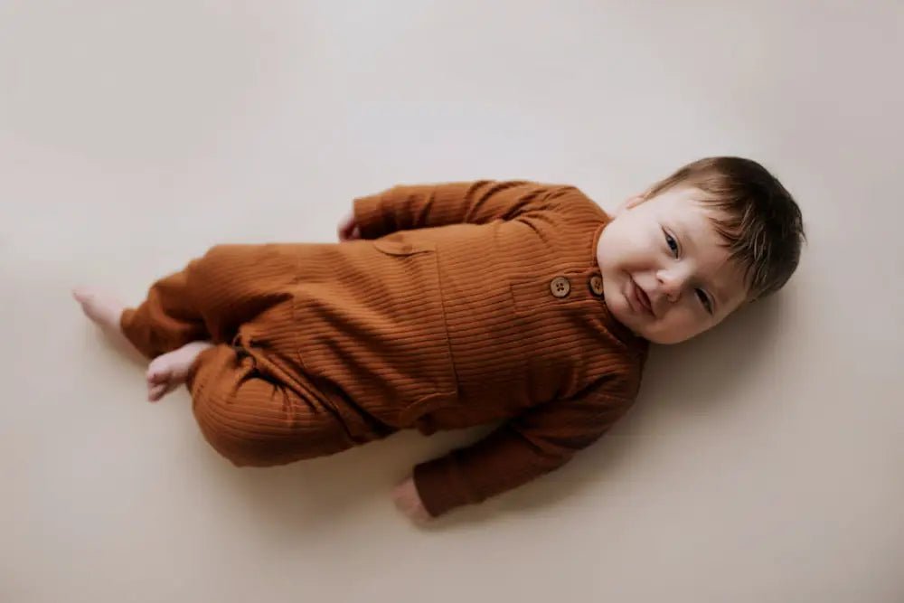 Clay Baby Ribbed Playsuit with pockets by Three Little Tots - Unisex Onesies
