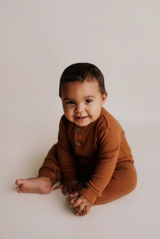 Clay Baby Ribbed Playsuit with pockets by Three Little Tots - Unisex Onesies