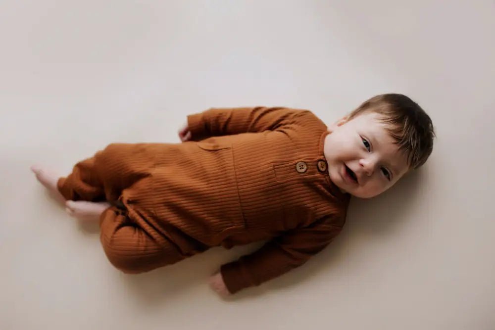 Clay Baby Ribbed Playsuit with pockets by Three Little Tots - Unisex Onesies