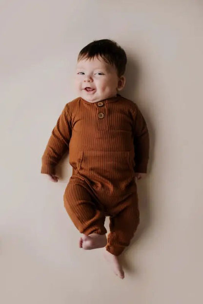 Clay Baby Ribbed Playsuit with pockets by Three Little Tots - Unisex Onesies