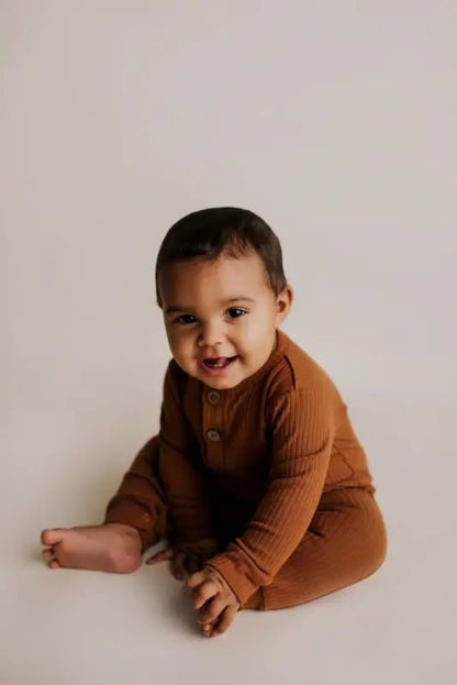 Clay Baby Ribbed Playsuit with pockets by Three Little Tots - Unisex Onesies