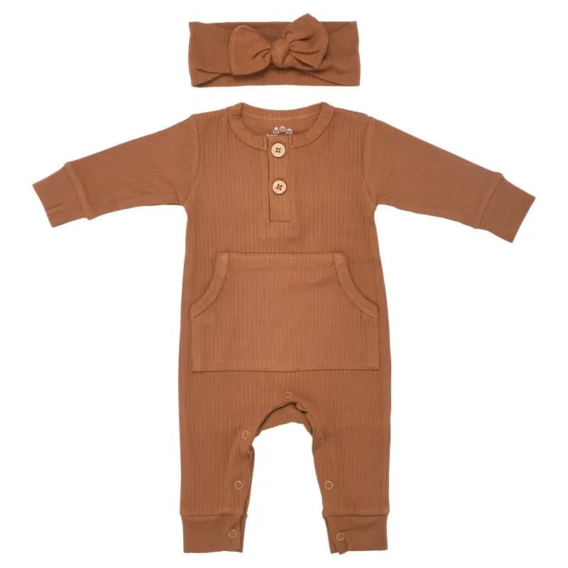 Clay Baby Ribbed Playsuit with pockets by Three Little Tots - Unisex Onesies