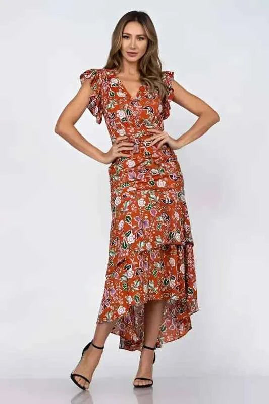 Clay Fluer De Leaf Floral Print Ruffled Shirred Woven Maxi Dress