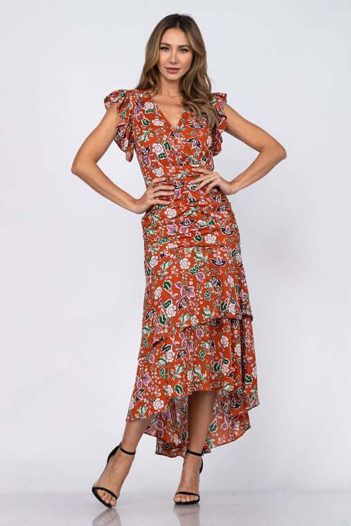 Clay Fluer De Leaf Floral Print Ruffled Shirred Woven Maxi Dress | Maxi Dresses | 1