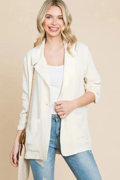 Culture Code One Button Long Sleeve Blazer with Pockets - New Ivory / S - Blazers