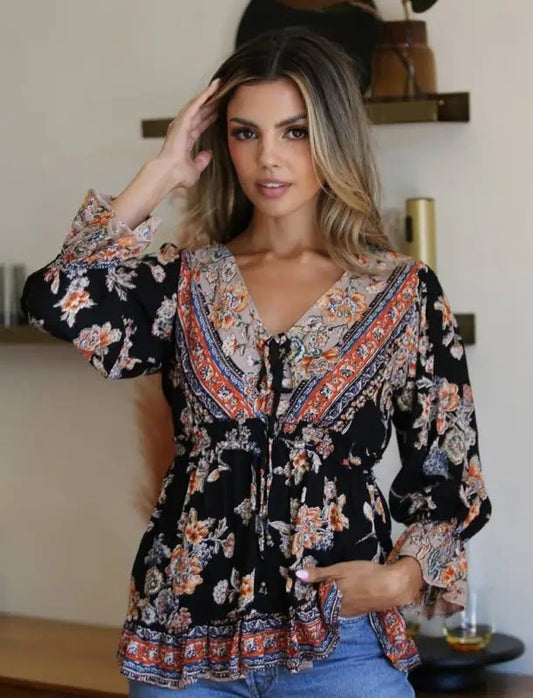 Dana V-Neck Tie Detail Blouse - Tops floral print blouse v-neck