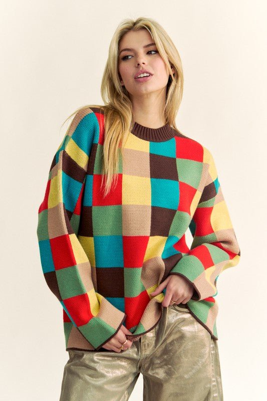 Davi & Dani Color Block Checkered Dropped Shoulder Sweater | Sweaters | 5