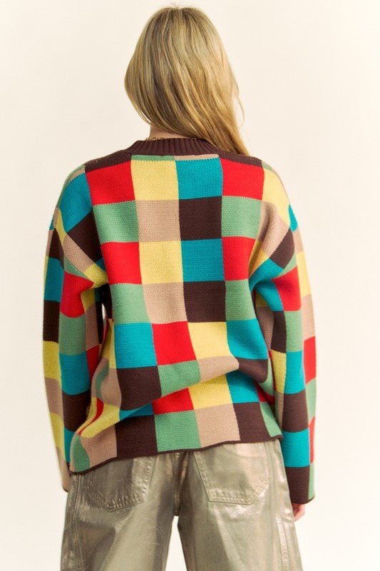 Davi & Dani Color Block Checkered Dropped Shoulder Sweater | Sweaters | 2