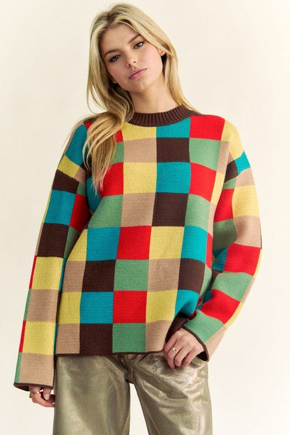 Davi & Dani Color Block Checkered Dropped Shoulder Sweater | Sweaters | 1